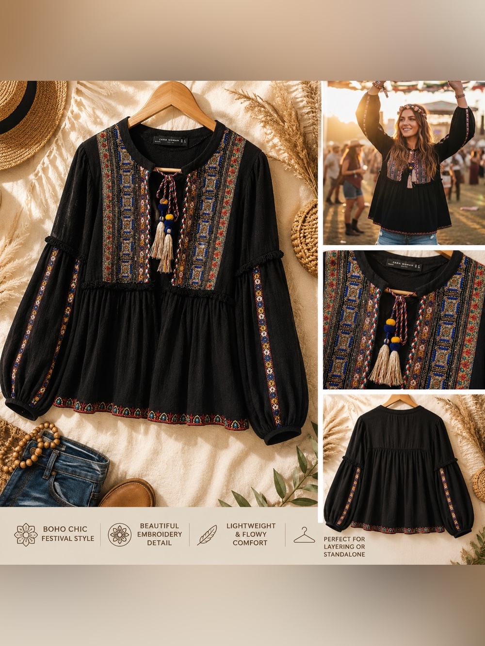 Zara Embroidered Boho Peasant Tassel Top Black Size S
